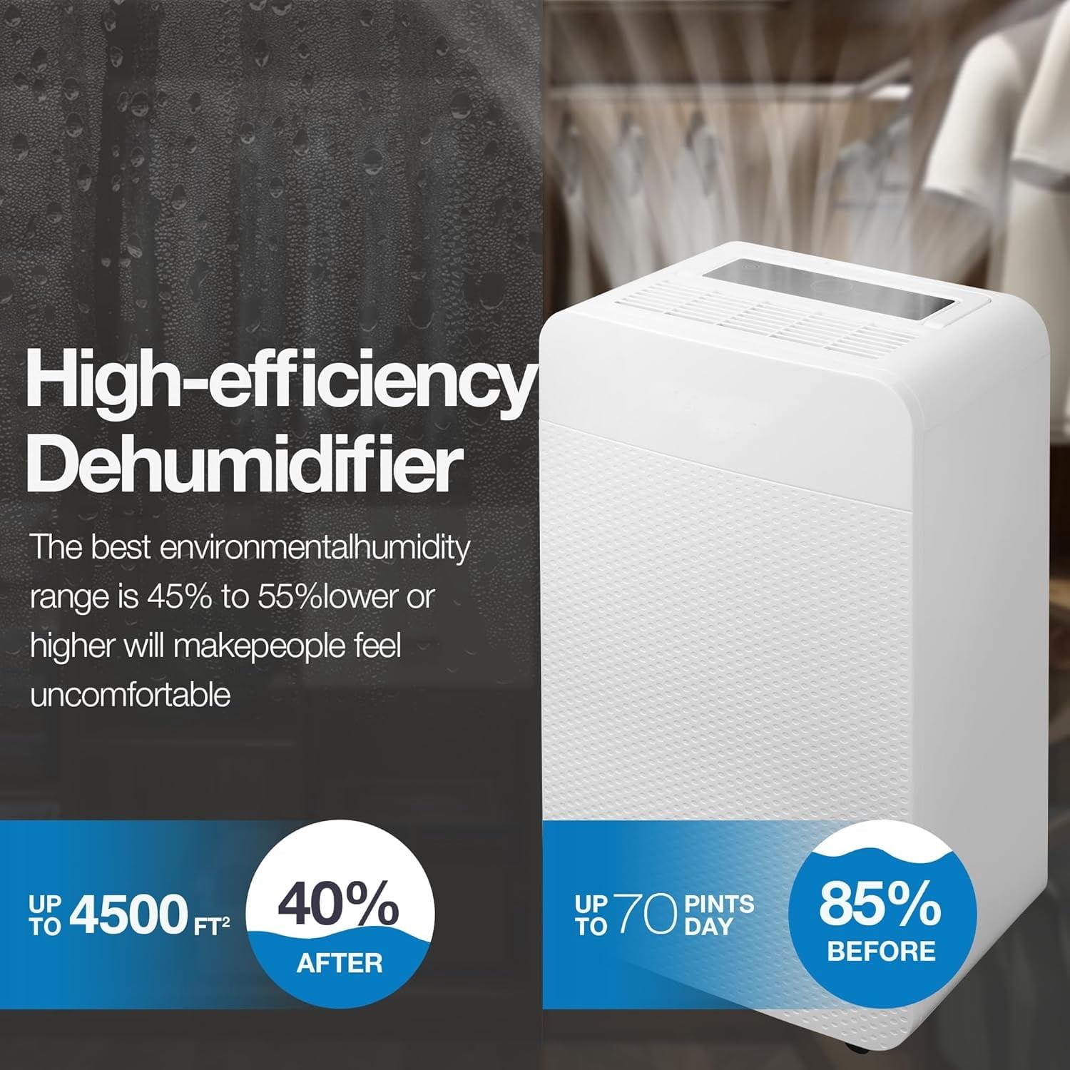 PhiloDeco 80 Pints Dehumidifier for Basement, 4,500 Sq. ft Dehumidifier for Home With Drain Hose, Automatic Defrosting, 24-Hour Timer Function
