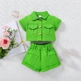 thumbnail image 2 of Elainilye Fashion Summer Girls 2PCS Casual Outfits Girls Spring Summer Solid Cotton Short Sleeve Shirts Shorts Set,Green, 2 of 7