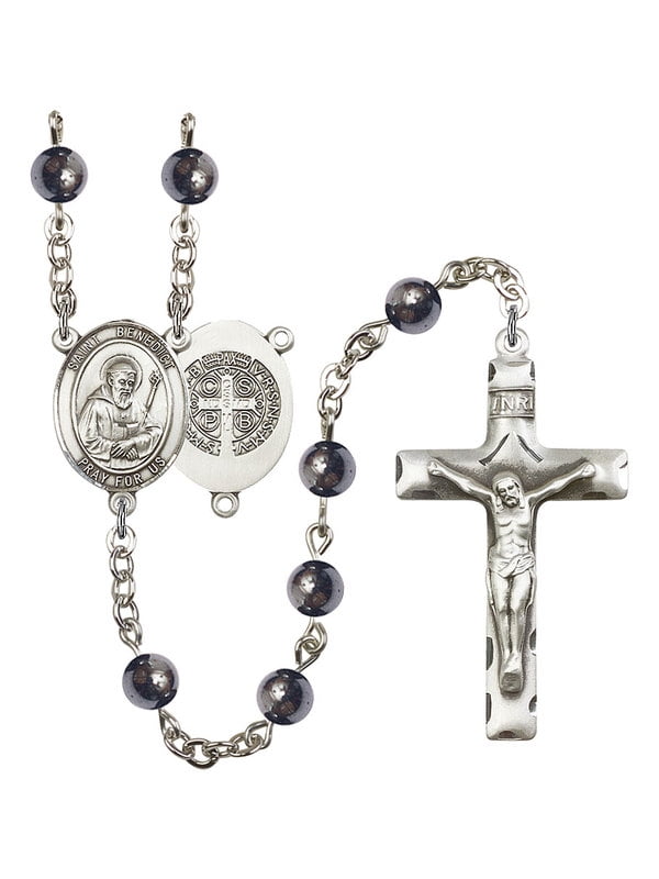 Bonyak Jewelry 18 Inch Rhodium Plated Necklace w// 6mm Light Rose Pink October Birth Month Stone Beads and Crucifix Charm
