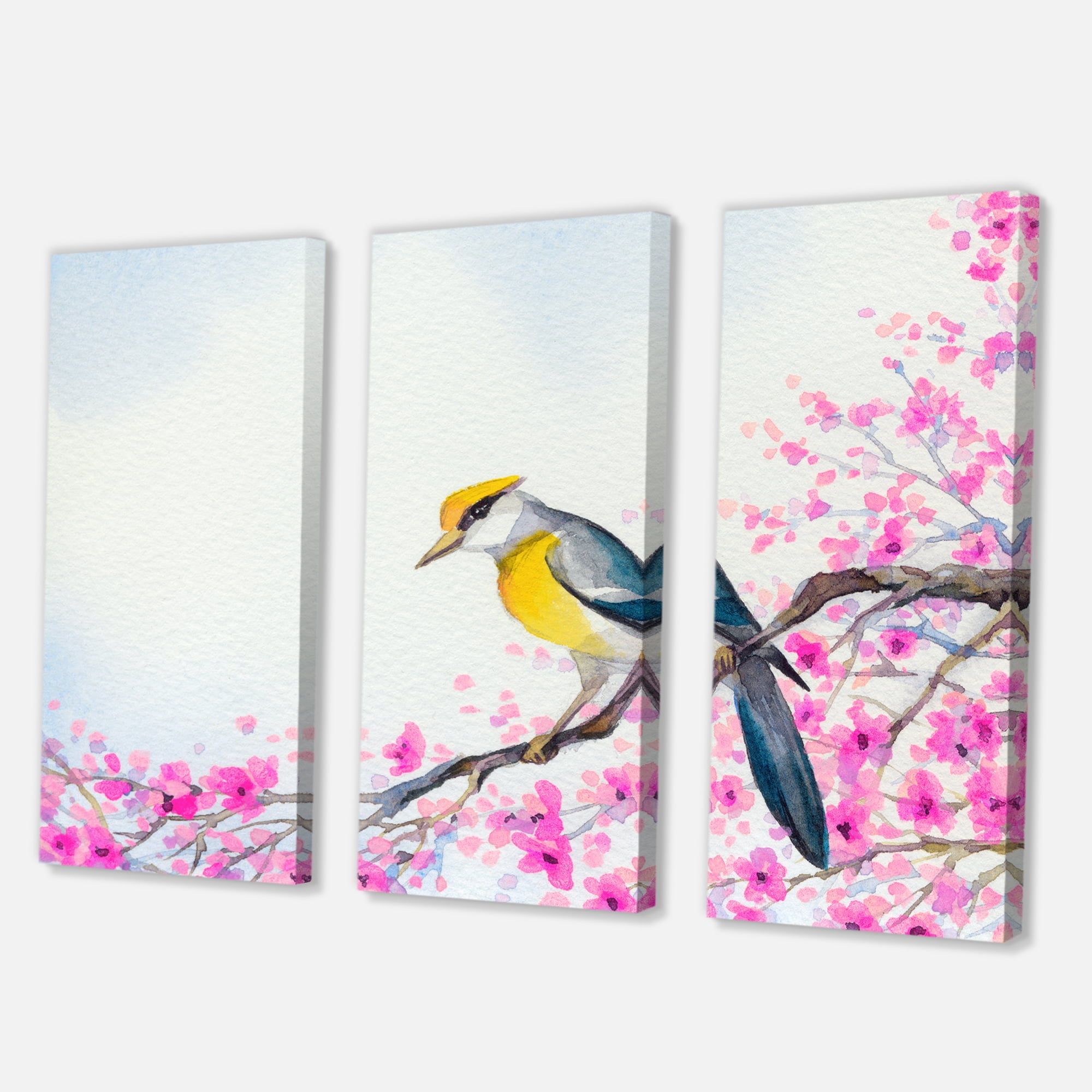 Designart ' Beautiful Bird Sitting On Flowering Branch ' Traditional Canvas Wall Art Print