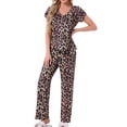 thumbnail image 2 of Pijamas para mujeres INSPIRE CHIC, camiseta de cuello en V de manga corta con pantalones de tiro ajustable, conjuntos de ropa de dormir impresos con bolsillos L Leopardo, 2 of 5