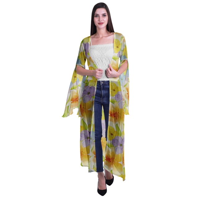 Moomaya Cardigan Long en Georgette de Viscose Imprimée à Manches Fendues pour Femmes