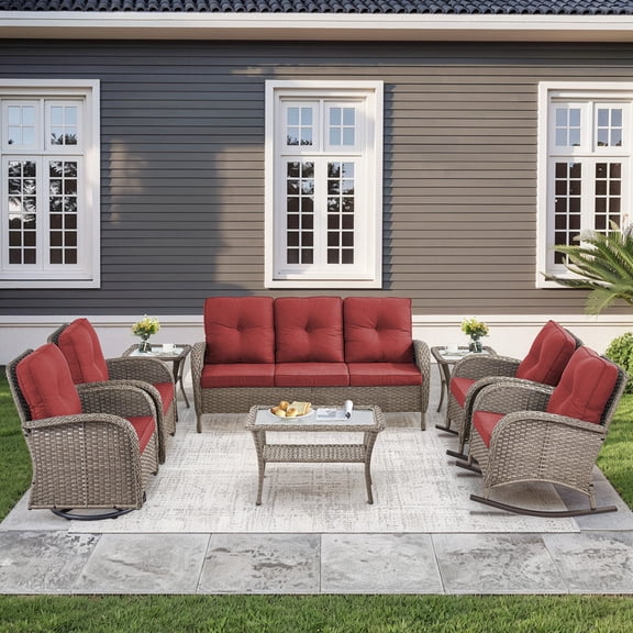Unnifurnzi 8 Pieces Patio Furniture-Outdoor Swivel Rocking Chair Outdoor Wicker Sofa Couch with Glass Coffee Table Outdoor Wicker Furniture Set for Deck Porch Garden Balcony Poolside-Gray/Red