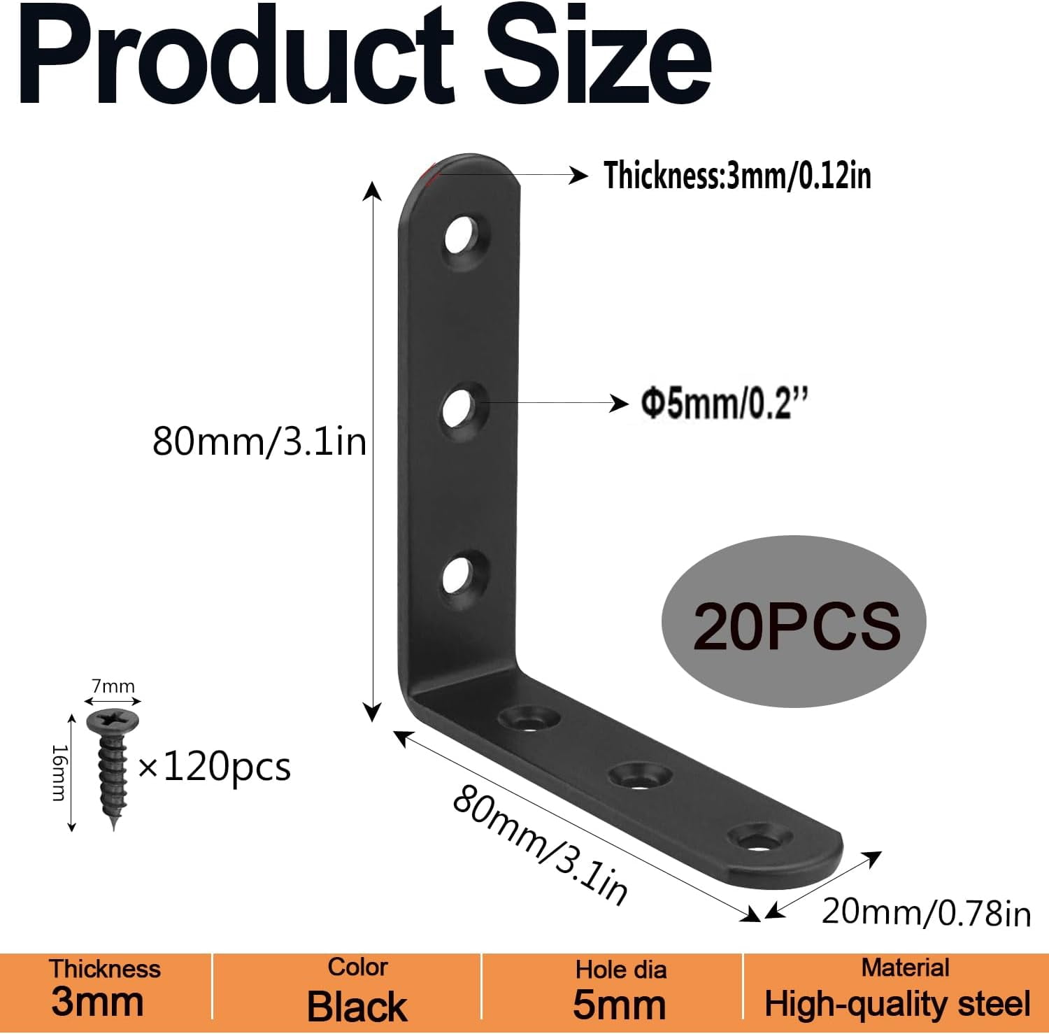 20 Pcs 3" x Black L Brackets 80 80MM Metal Corner Heavy Duty Right Angle for Wood Shelves Furniture Frame Bookshelf, Included 120pcs Screws