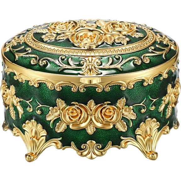 ABPETE Vintage Jewelry Box Oval Trinket Display Case with Rose Pattern Decorative Green Treasure Box Ring Holder for Women