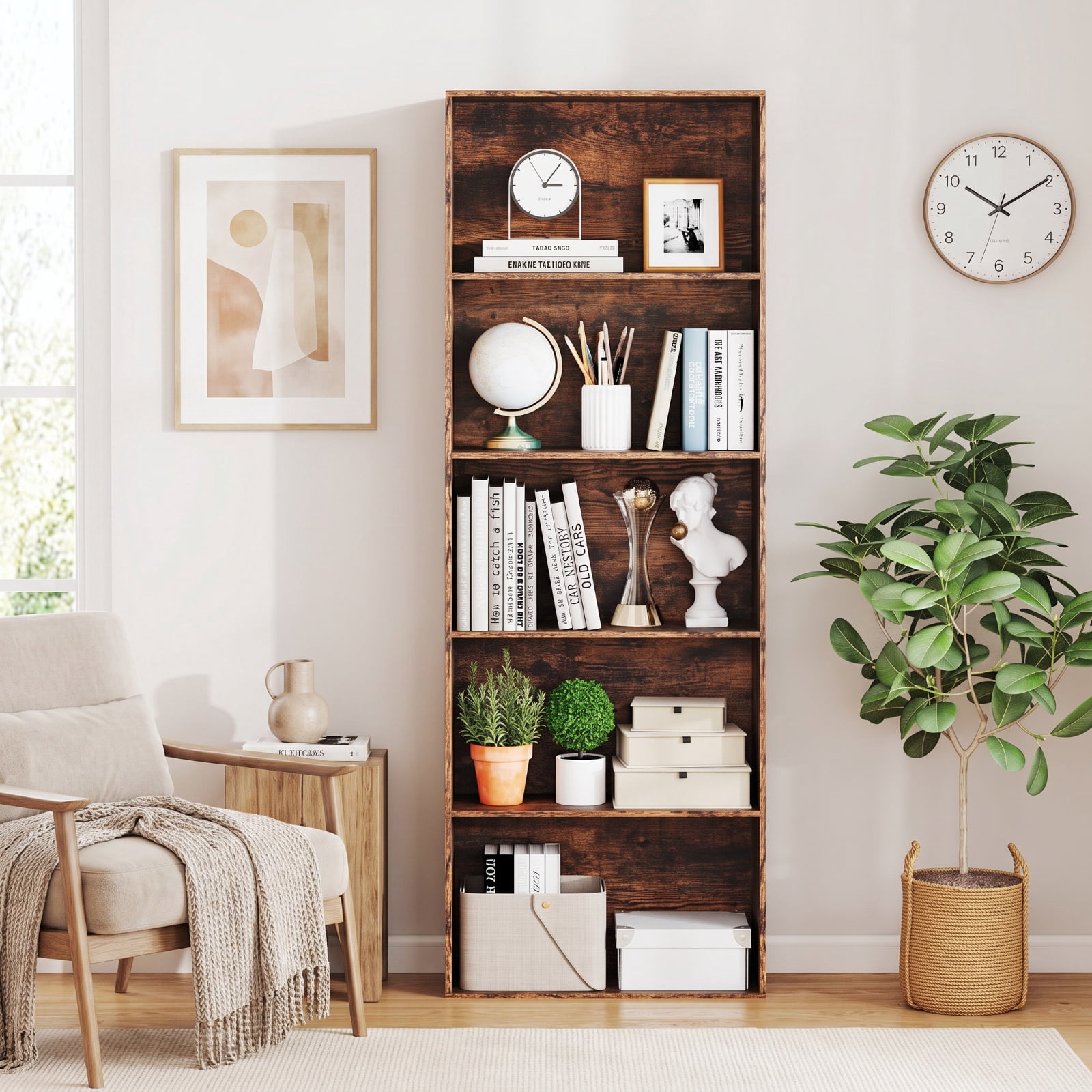 Furnibear 5-Tier Bookshelf Open Bookcase Freestanding Display Shelf Storage Organizer for Living Room Home Office Bedroom Display, Rustic Brown