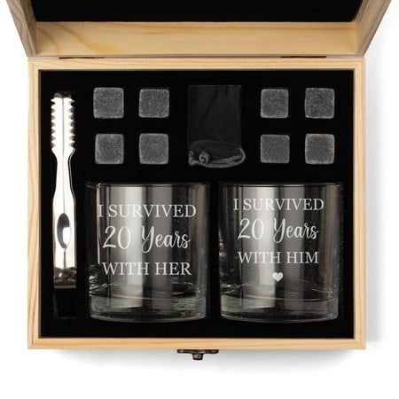 Whiskey Glass Gift Box Set with Whiskey Stones and 2 Rocks Glasses Set of 2 I Survived 20 Years 20th Anniversary