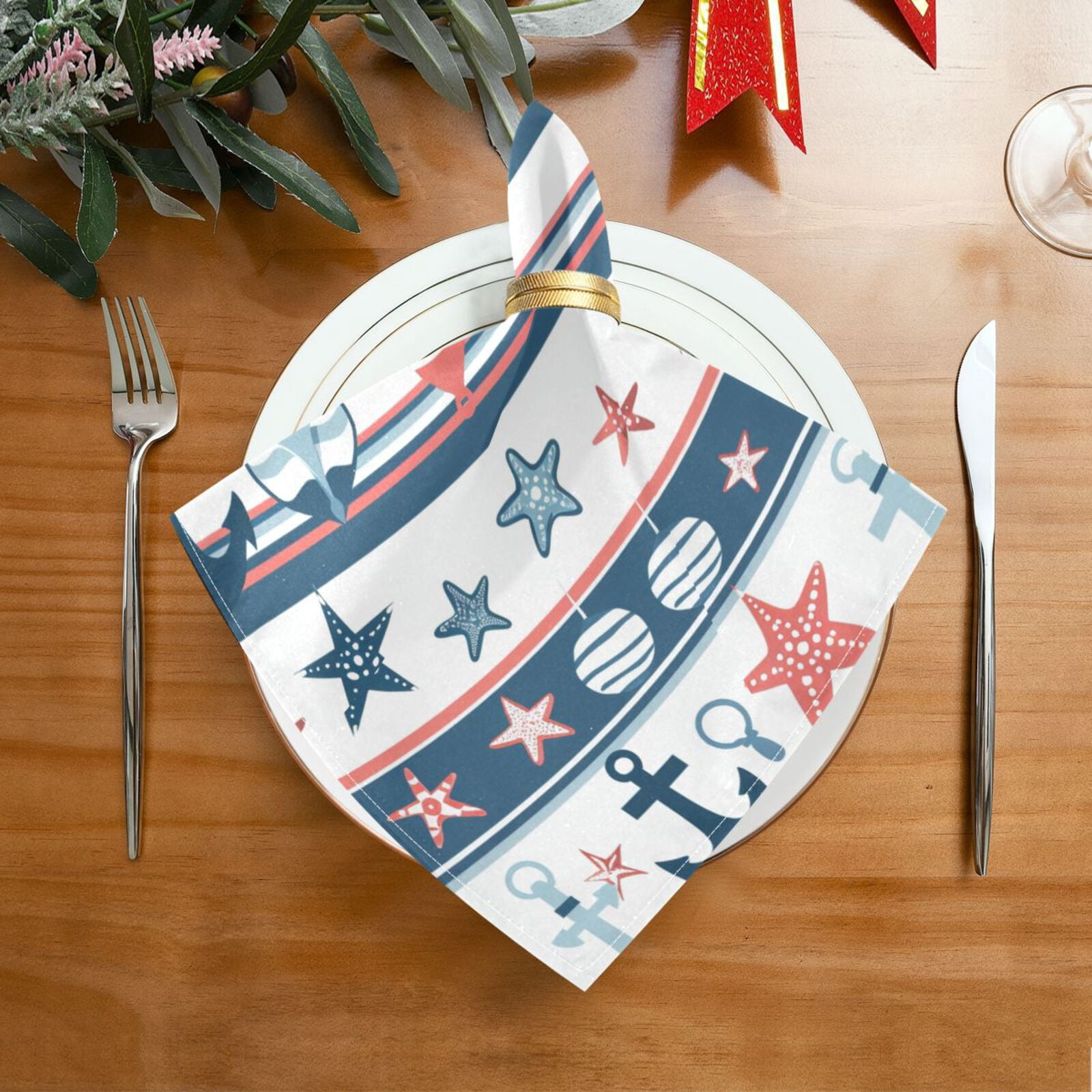 JSTEL Seafish Anchor Stripe Cloth Napkins Set of 6, 20x20 Inch Washable and Reusable Napkin for Decoupage Dinner Party Everyday Use