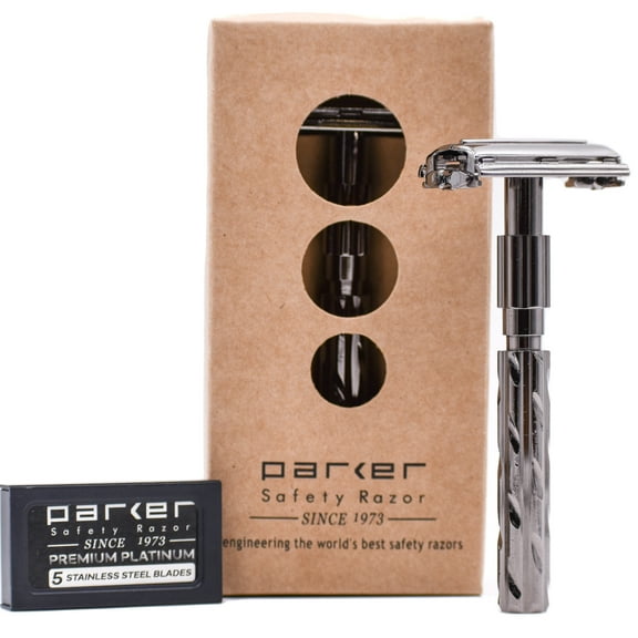 Parker 22R - Gunmetal Finish Butterfly Open Safety Razor and 5 Parker Razor Blades