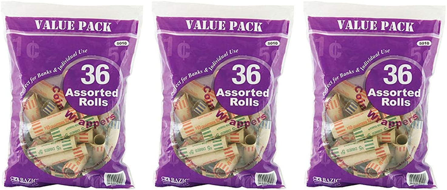 RamPro 3 Pk, 36/Pcs Total of 108 Assorted Size Brown Paper Coin Wrappers