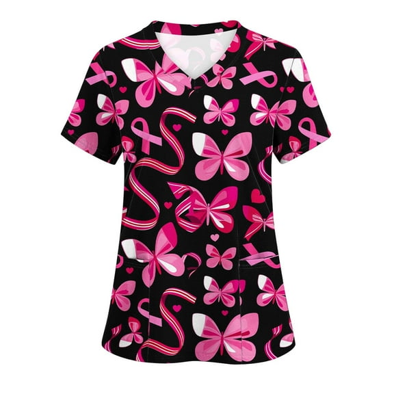 Xfvqtps Scrub Tops for Women Pink Ribbon Breast Cancer Awareness Scrubs Comfortable Lightweight Nursing Uniforms V-neck Short Sleeve Working Uniforms Shirt with Pockets Multicolor