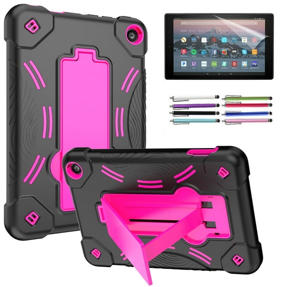 EpicGadget Fire 7 2022 Hybrid Case, for Amazon Fire 7 inch Tablet (12th Generation, 2022 Released) - Heavy Duty Hybrid Case Cover with Kickstand   1 Screen Film and 1 Pen (Black/Pink)
