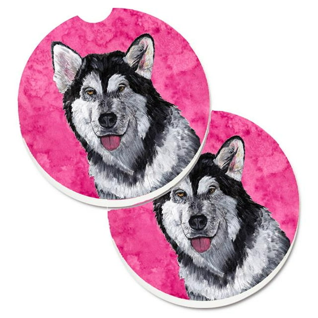 Pink Alaskan Malamute Set of 2 Cup Holder Car Coaster