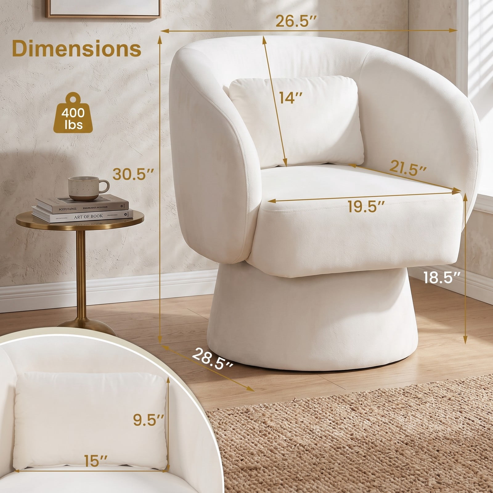 Furnibear Upholstered Barrel Accent Chair, Swivel Curved-Back Chair with Removable Lumbar Pillow and Non-Slip Base for Living Room Bedroom Office, 400 lbs, Beige