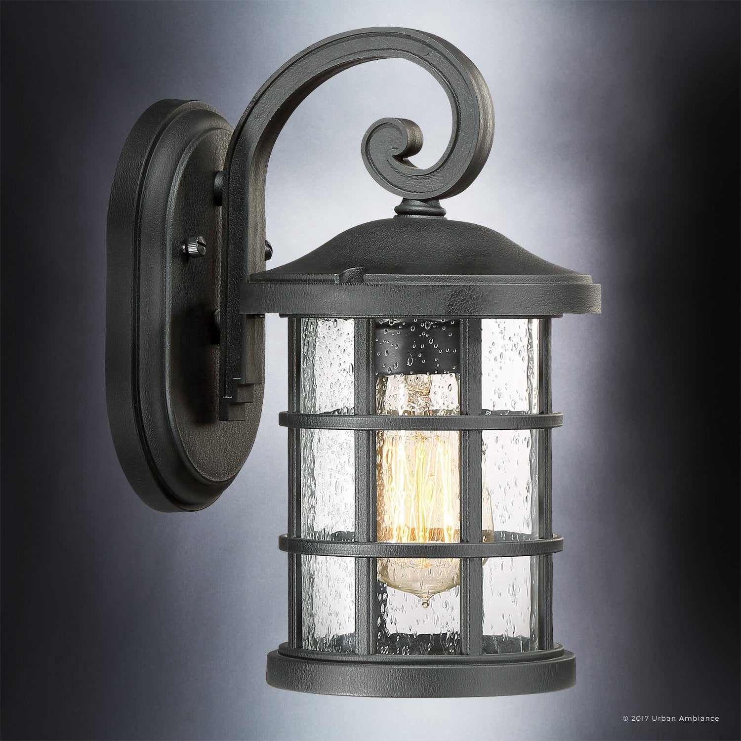 Urban Ambiance Luxury Craftsman Outdoor Wall Light, Small Size: 11"H x 6"W, with English Tudor Style Elements, Wrought Iron Design, Natural Black Finish and Seeded Glass, UQL1040