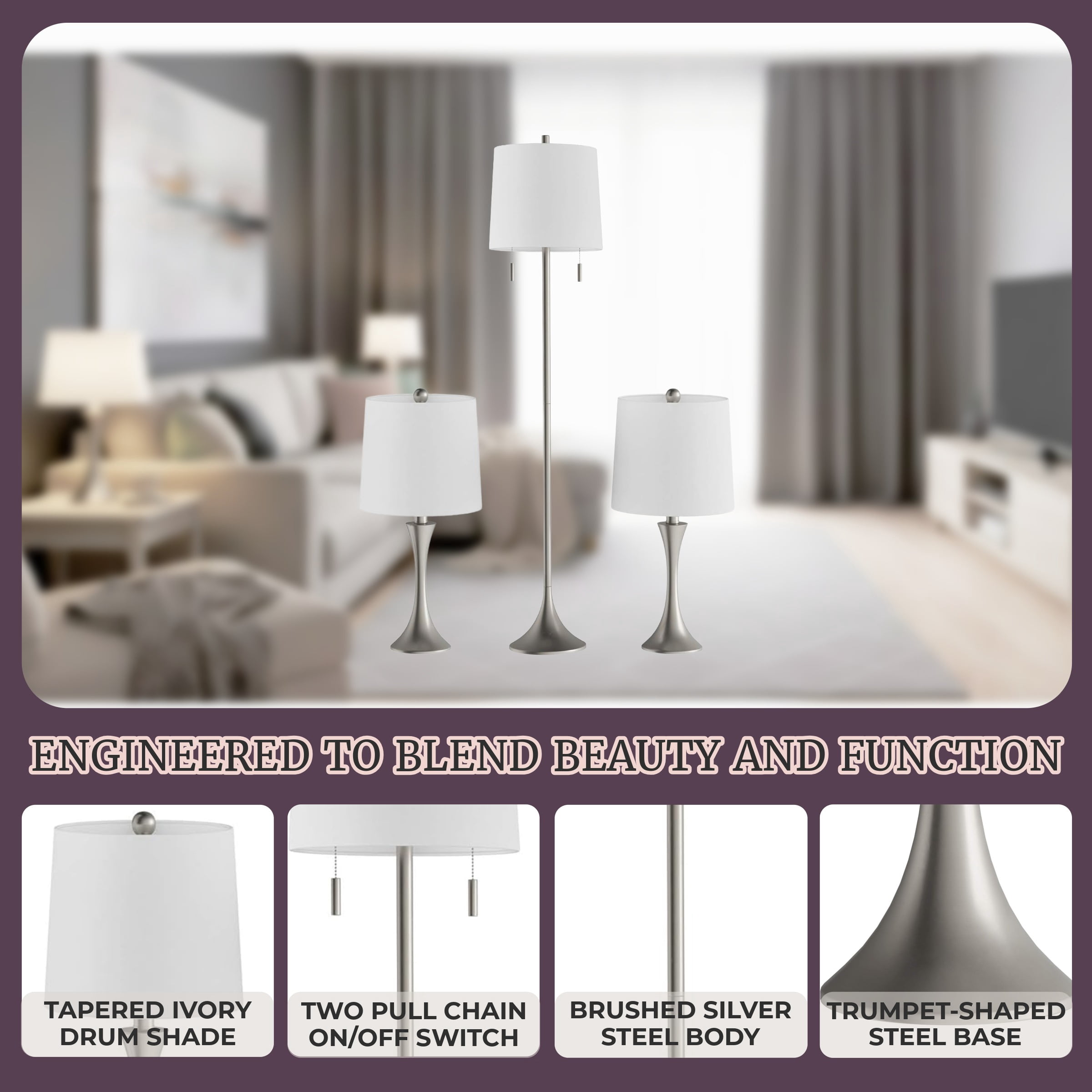 Lavish Home 3-Piece Floor and Table Lamp Set with LED Light Bulbs (Silver)
