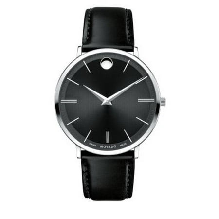 Movado Ultra Slim Stainless Steel Black Leather Strap Mens Watch