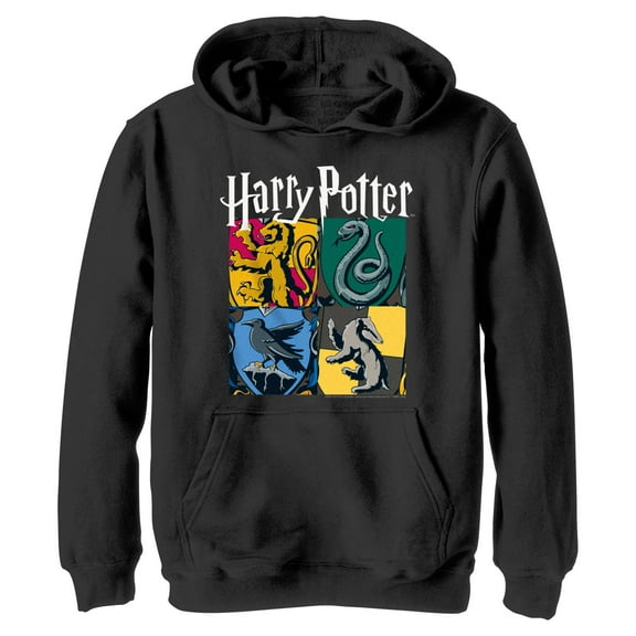 Boy's Harry Potter Hogwarts Houses Vintage Collage Pull Over Hoodie Black Small
