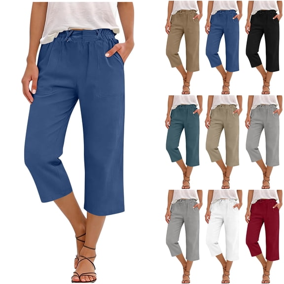 Bloomae Linen Capris Pants for Women Summer Casual Loose Stretch Elastic High Waist Straight Leg Comfy Lounge Beach Cropped Trousers with Pockets Blue M