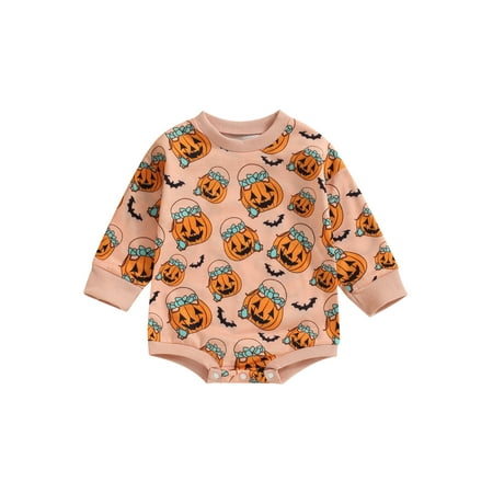 

Newborn Baby Girls Halloween Outfits Long Sleeve Cartoon Pumpkin Print Bodysuit Crew Neck Sweatshirt Rompers Jumpsuits Playsuits