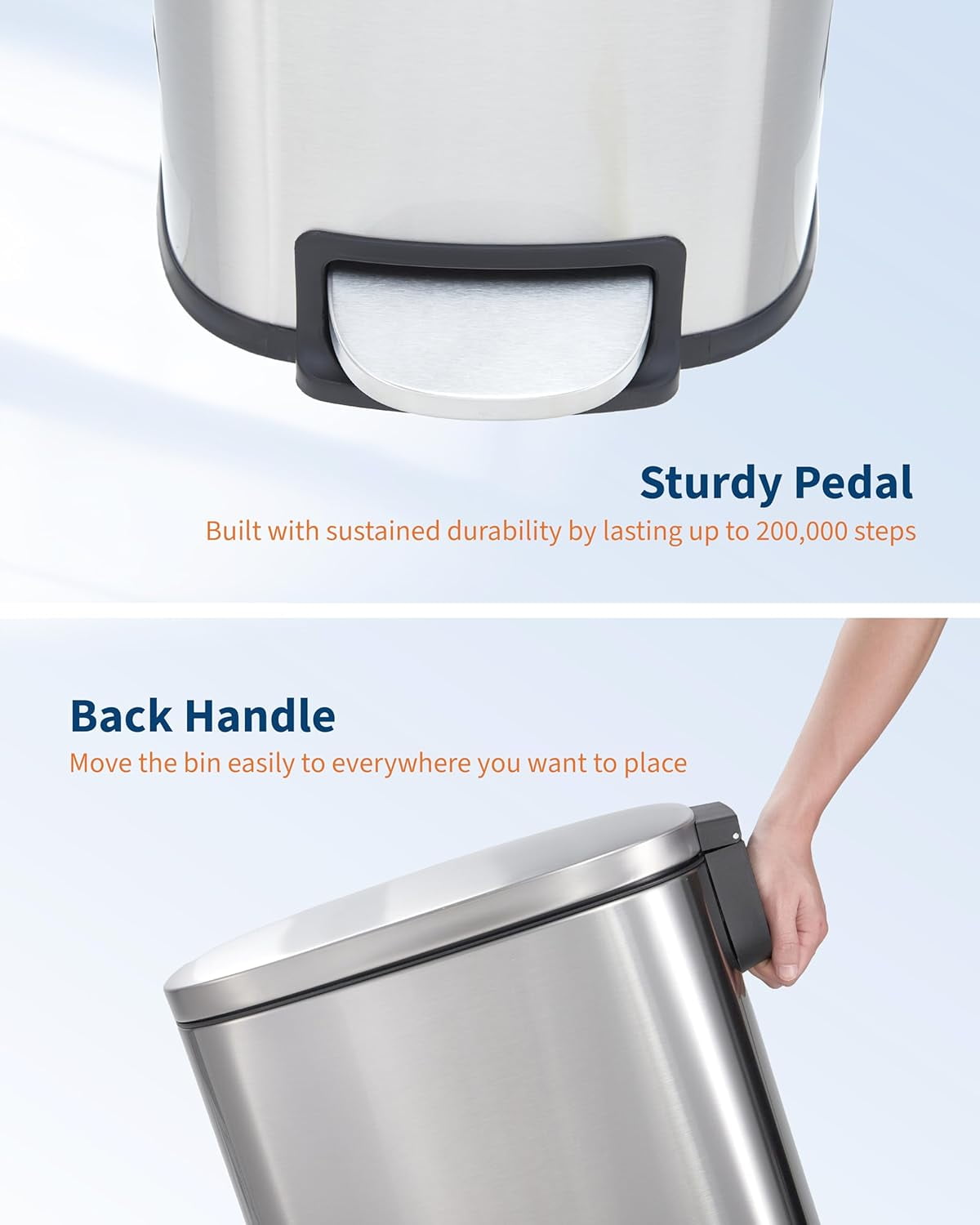 13 gal Slim Trash Can, Step Garbage Can with Soft-Close Lid, Stainless Steel Recycling Bin Waste Container with Removable Inner Bucket for Kitchen, Bathroom, Office (Silver)