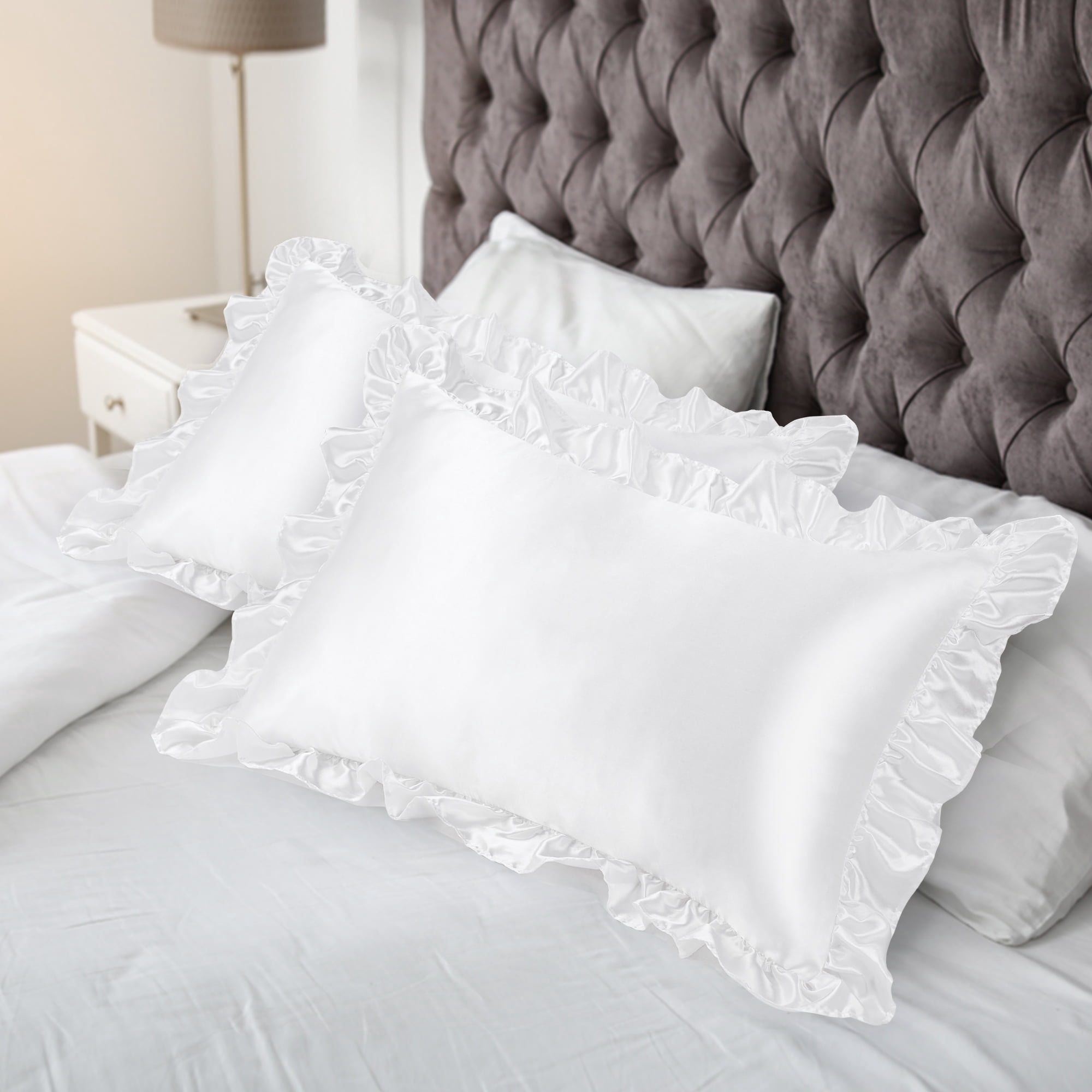 Unique Bargains Satin Ruffle Envelope Closure Pillowcases Set of 2 White 20"x26"