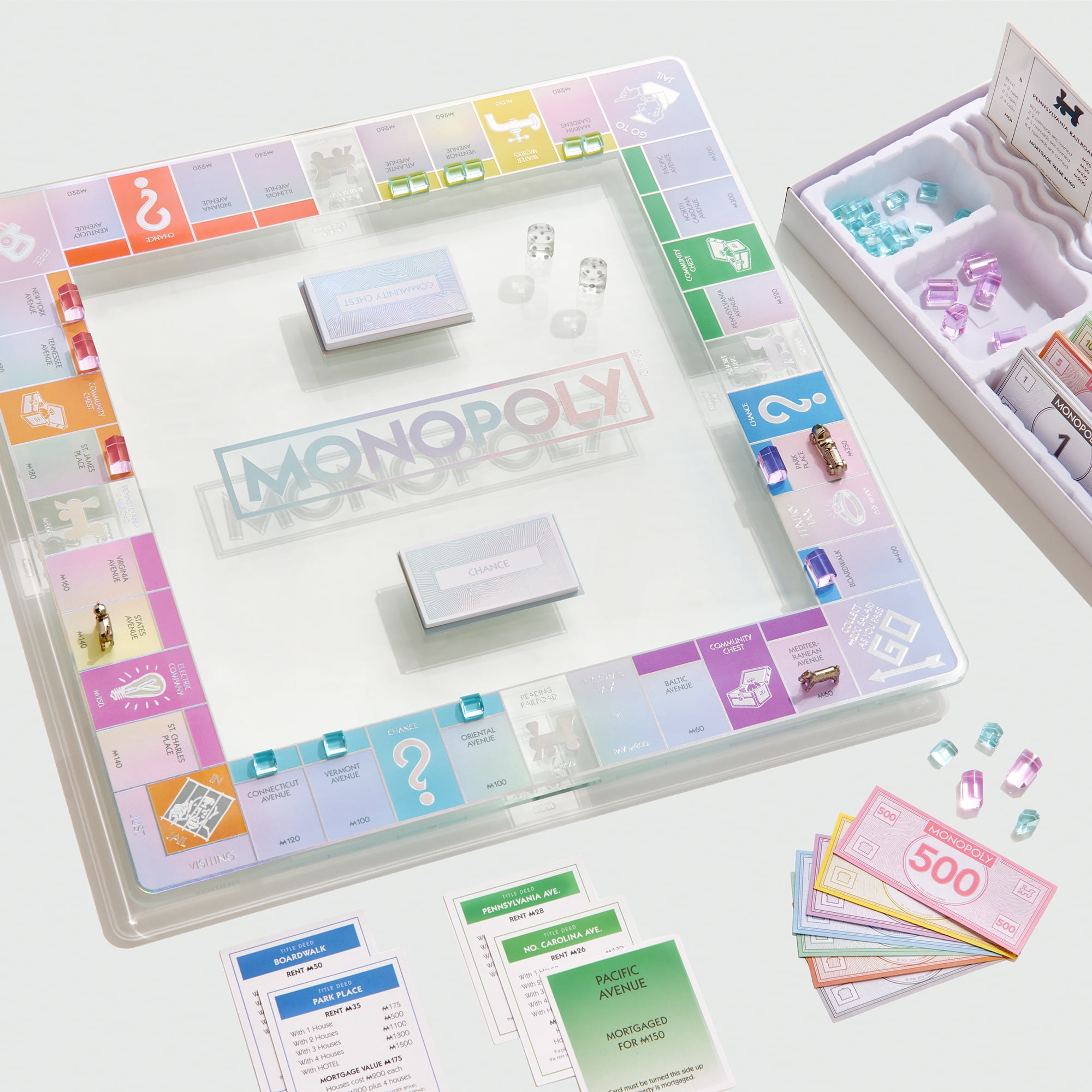 WS Game Company Monopoly Aura Edition – Premium Iridescent Tempered Glass Game Board, Crystal-Clear Houses & Hotels, Metallic Tokens, Luxe Storage Tray – Family Classic for 2–6 Players, Ages 8+