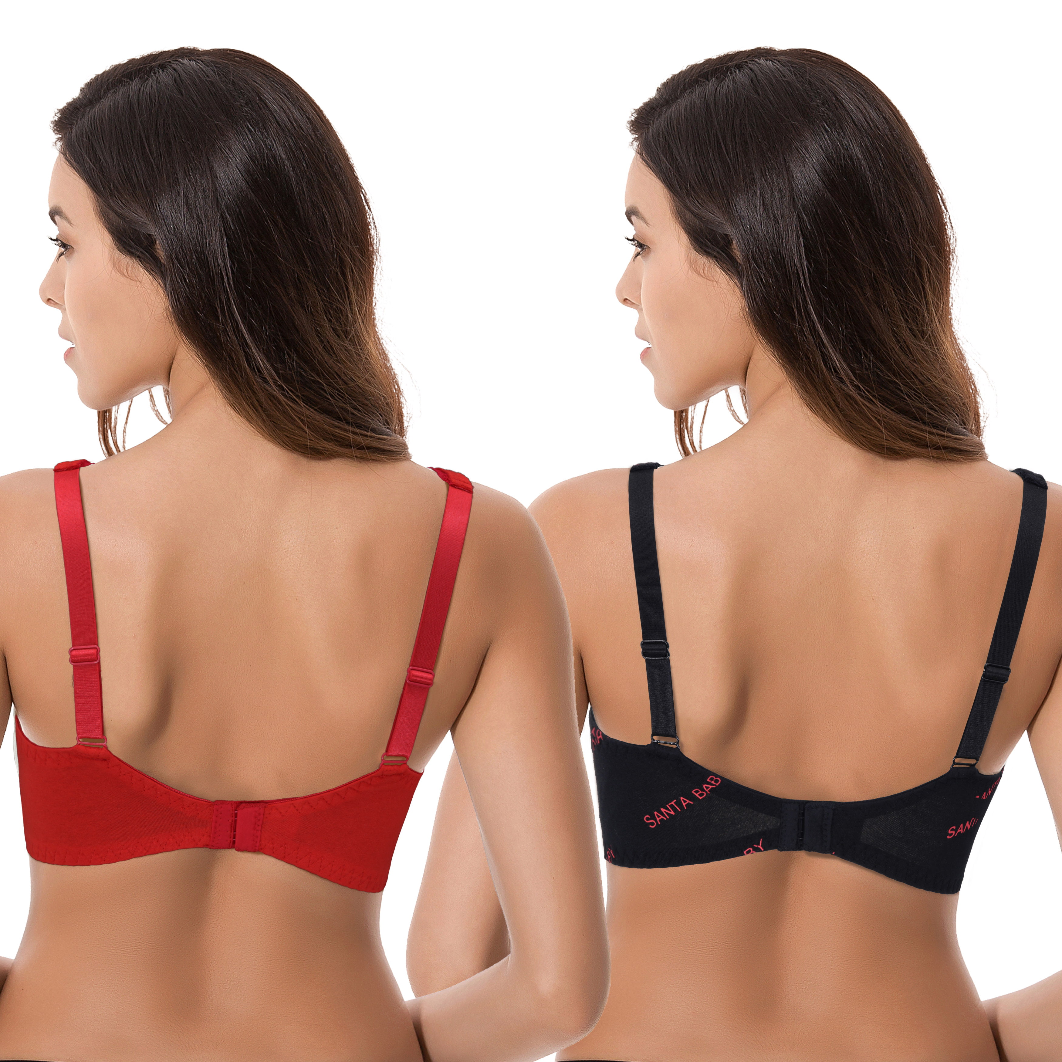 Curve Muse Women's Unlined Plus Size Comfort Cotton Underwire Bra -Black/Red,Red-48DDD 