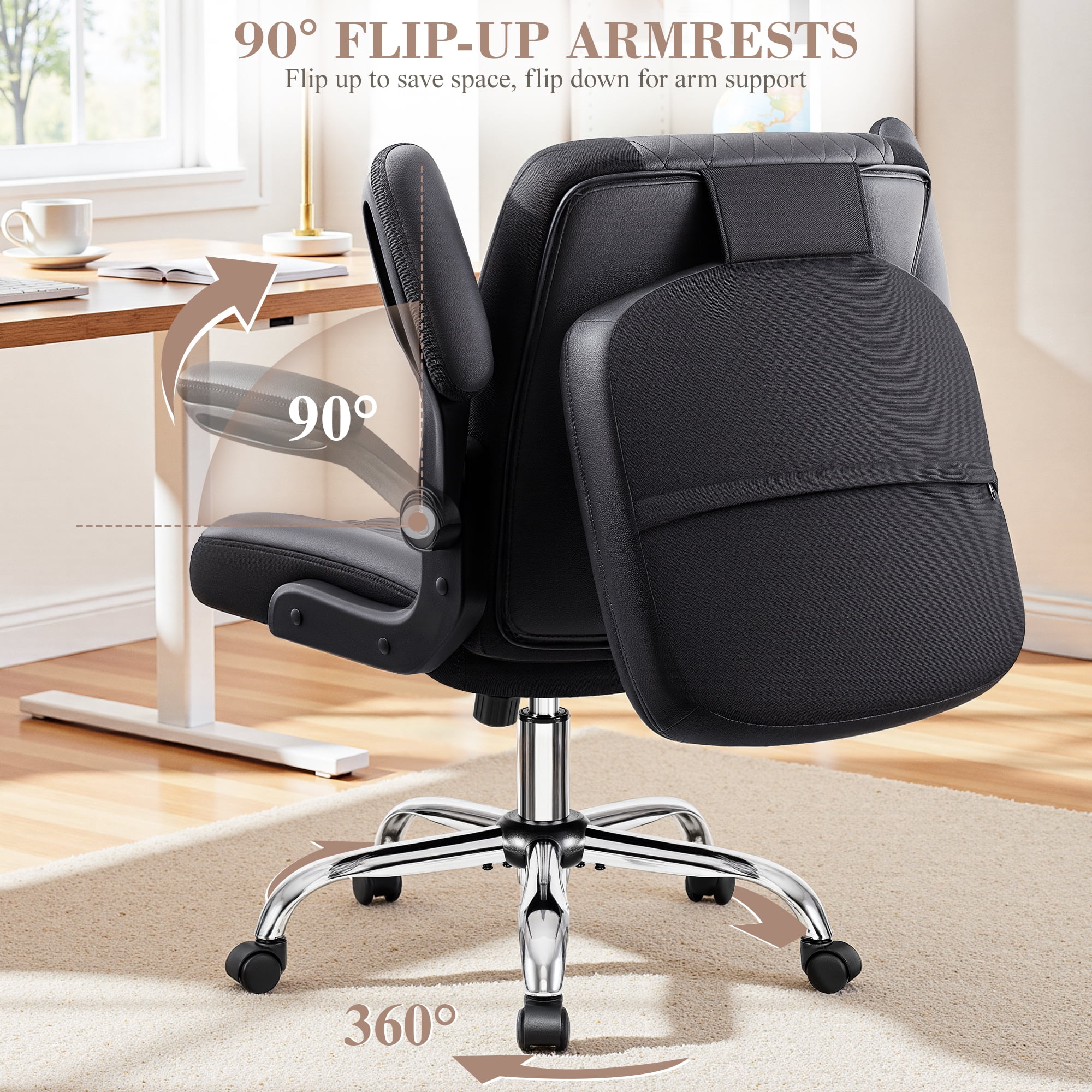 Primy Criss Cross Office Chair with 2-in-1 Flip Backrest, Ergonomic PU Leather Floor Sitting Chair, 360° Swivel Flip-Up Arms, Extra-Wide Seat