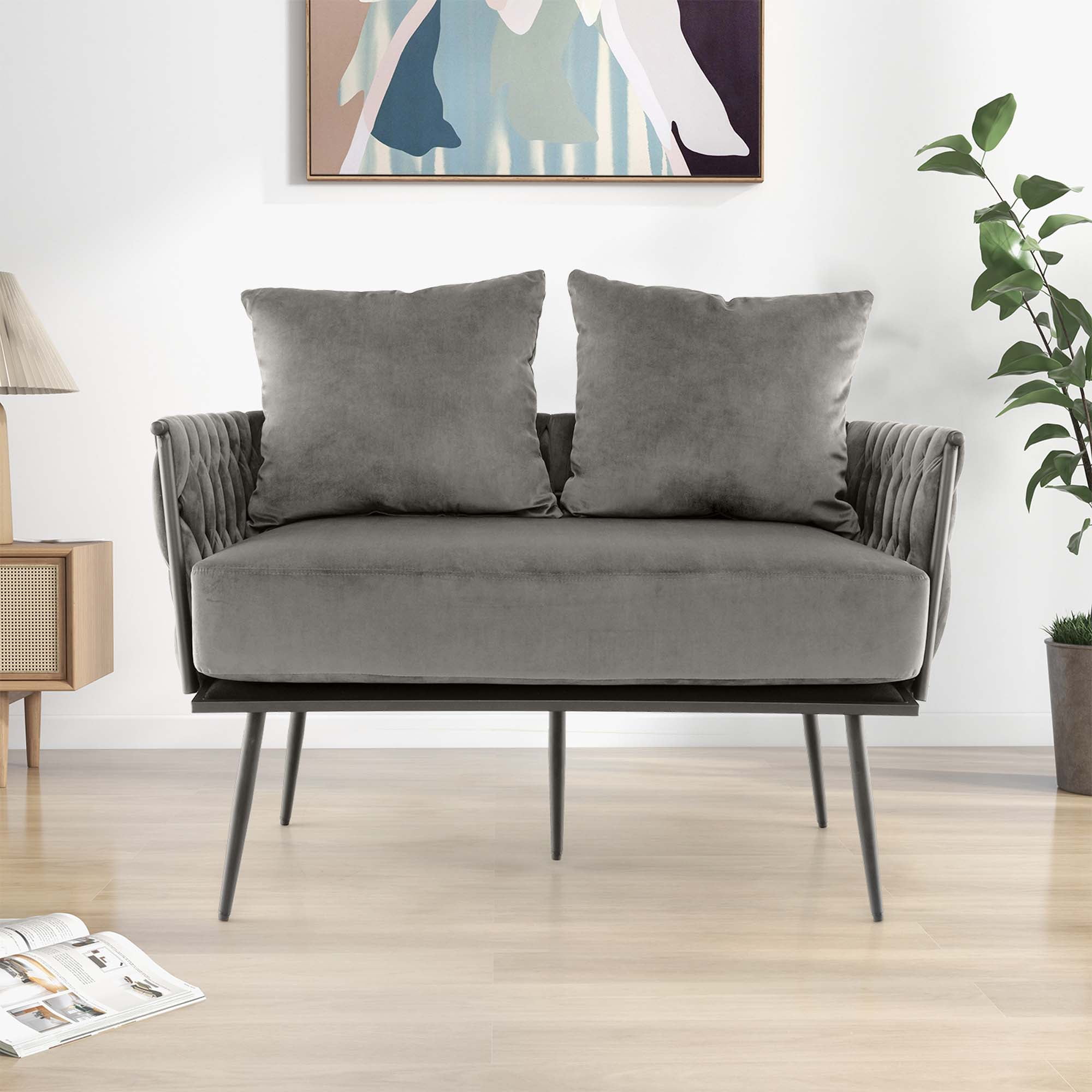 Costway Modern Loveseat Sofa Upholstered Dutch Velvet Couch with Woven Back & Arms Grey