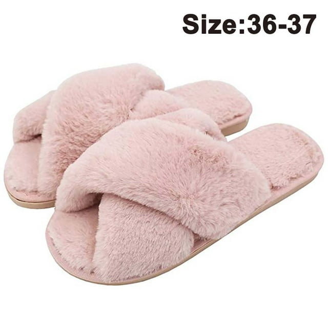 Pantuflas para mujer, punta abierta, peludas, esponjosas, para casa, acogedoras, de espuma viscoelástica, antideslizantes, de felpa, cruzadas, peludas, para interior y exterior Ormromra 2034321-7