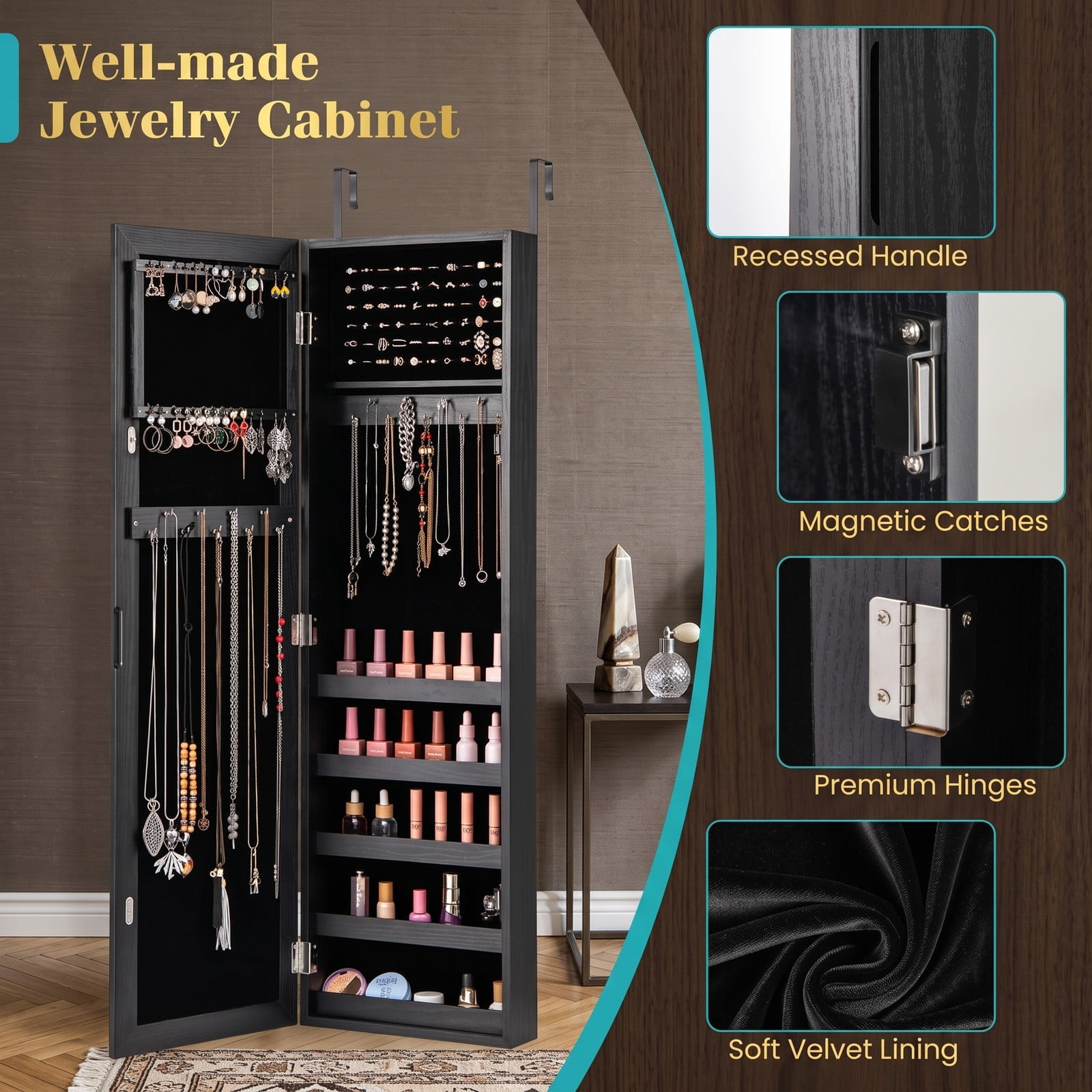 Furnibear Wall and Door Mounted Armoire Jewelry Cabinet with Full-Length Mirror and Velvet Lining for Bedroom Storage, Black