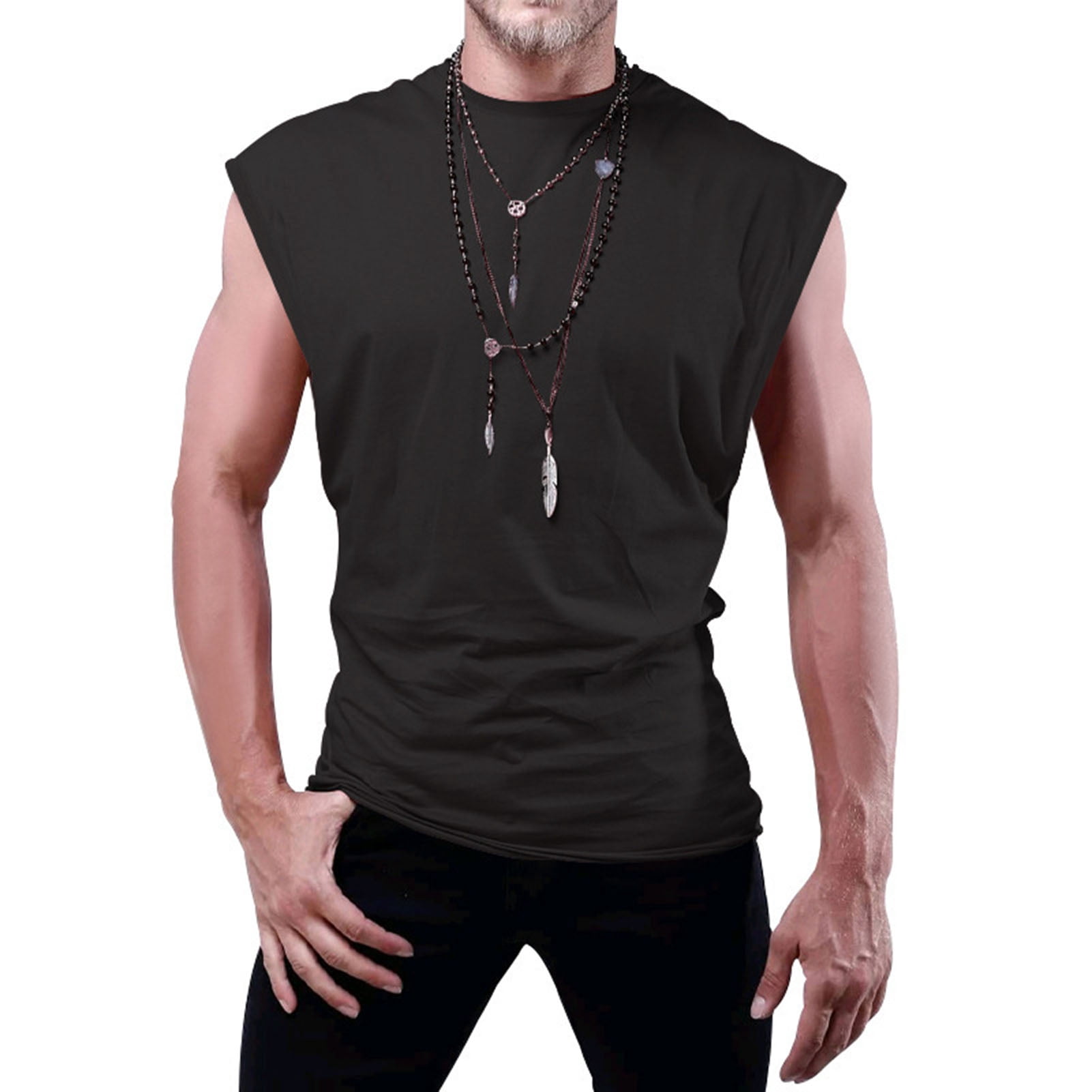 Jkung Men Vest Round Neck Sleeveless Pure Color Summer Sport Vest Quick-Drying Outdoor Running Fitness Tank Tops Daily Wear