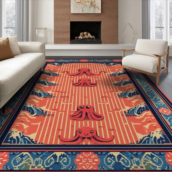 ODIKA 8'x10' Washable Area Rug Durable, Non-Slip Pixel Octopus Cartoon Retro Wave Border Arcade Tentacle Motif for Living Room, Under Sectional, Family