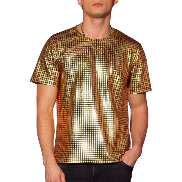 Camiseta metálica INSPIRE CHIC para hombre, cuello redondo, mangas cortas, brillo y destellos, 2XL dorada
