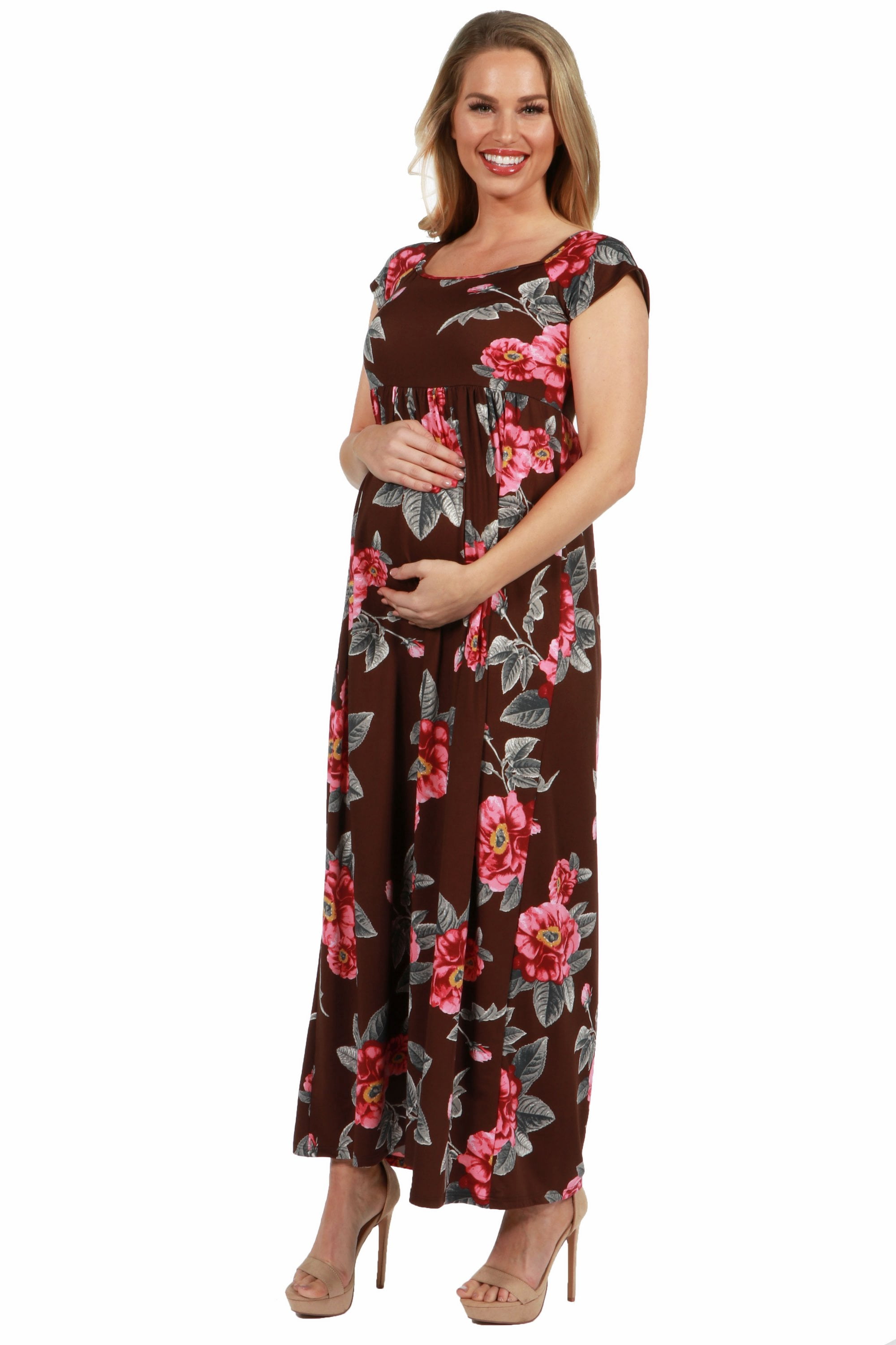 24seven Comfort Apparel Cap Sleeve Empire Waist Pleated Maternity Maxi Dress
