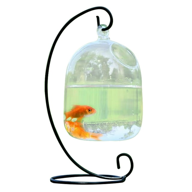 Desk Hanging Fish Tank Bowl with Stand, Small Table Top Glass Fish Bowl Mini Aquarium for Betta Fish Home Decor