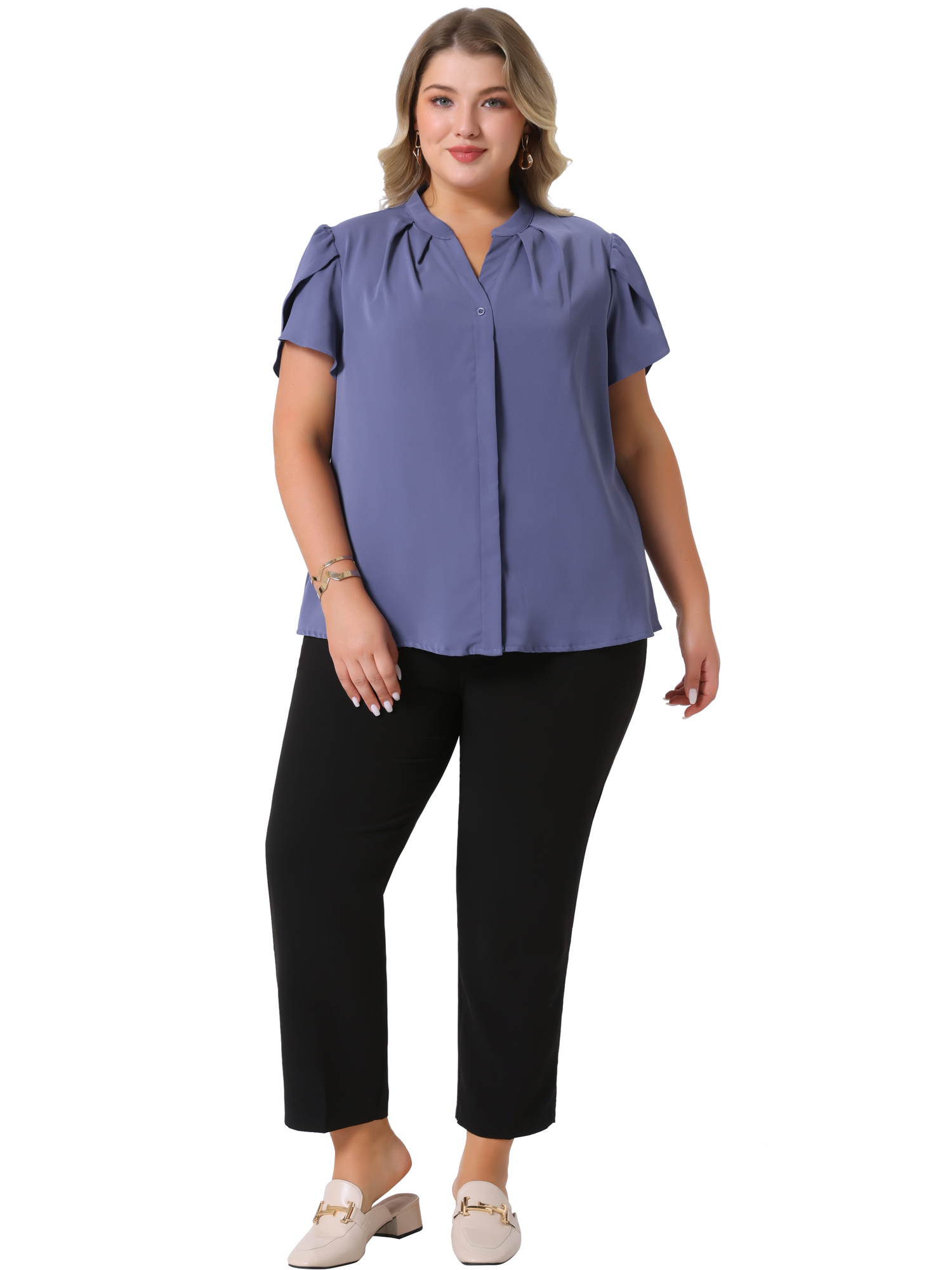 DARING DIVA Women's Plus V Neck Petal Sleeve Button Down Chiffon Blouse 1X Blue