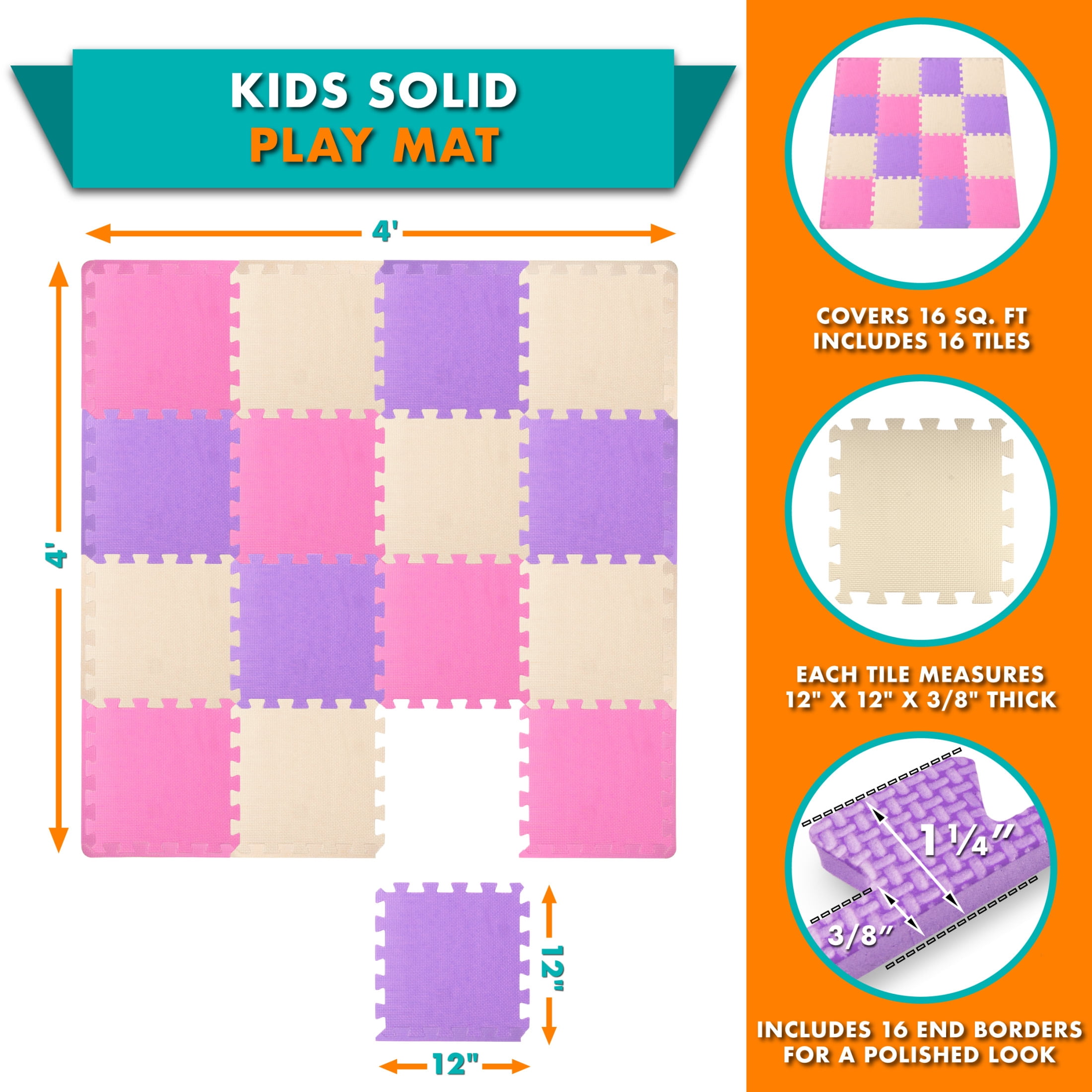 ProSource Kids Solid Colors Foam Puzzle Floor Play Mat, 36 or 16 tiles