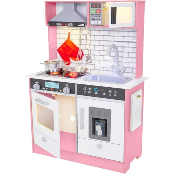 Lil' Jumbl Small Kids Kitchen Playset, Pretend Kids Wooden Kitchen with Stovetop, Oven & More - Natural