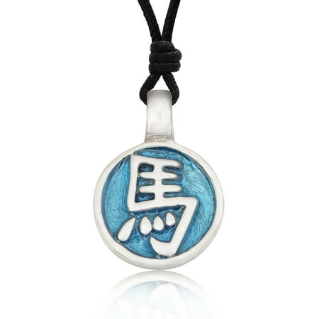 Chinese Silver Horse - Baby Blue Horse Chinese Text Silver Pewter Charm Necklace Pendant Jewelry With Cotton Cord