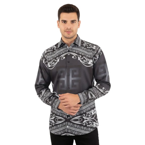Men Sports Shirt by DE-NIKO Long Sleeves Fashion Print Soft Modal DNK6902 Black