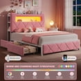 thumbnail image 3 of Hijob Full Size Bed Frame for Girls/Kids with 2-Tier Storage Headboard, Velvet Upholstered Platform Bed with 2 Storage Drawers, Built in Charging Station & LED, Pink, 3 of 13