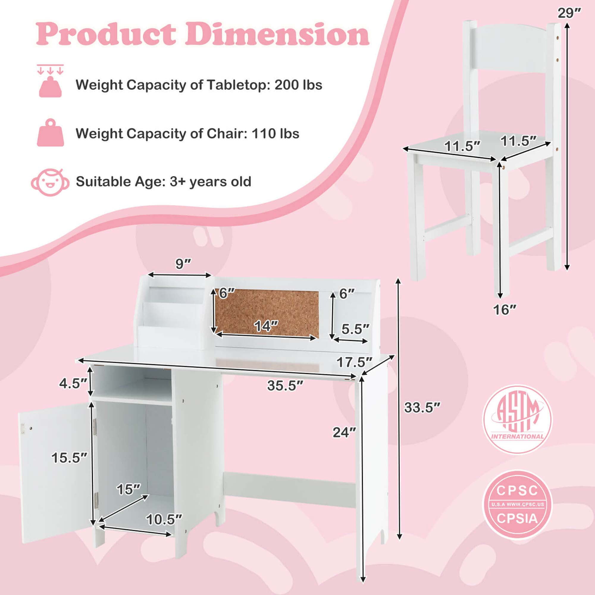 Costway Kids Study Desk Chair Children Table & Chair Set with Whiteboard White