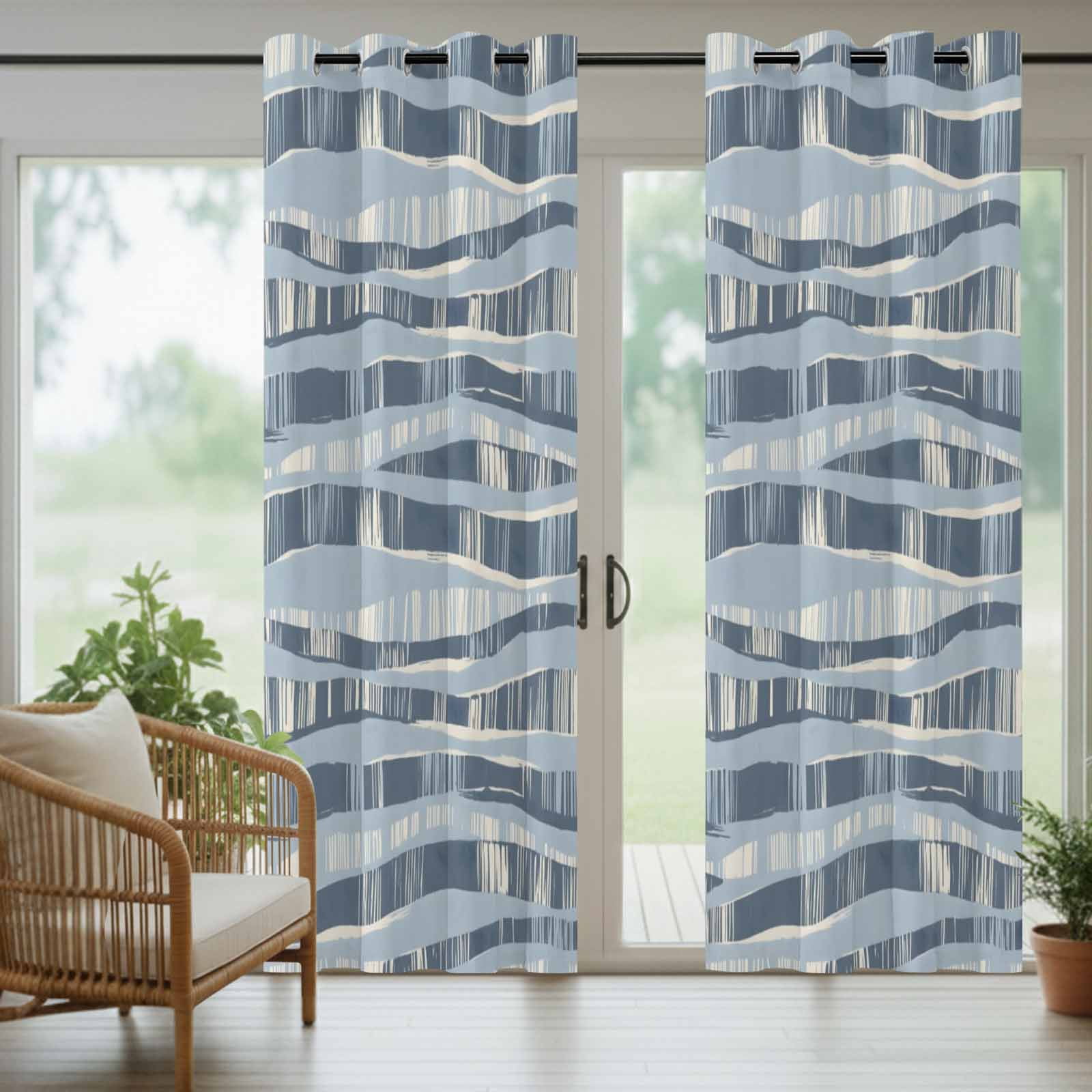 Blue Waves Outdoor Curtains for Patio, Coastal Abstract Indigo Curvy Lines Sunshade Privacy Drapes Grommet Waterproof Outside Curtains for Porch/Cabana/Balcony 54"x 108", 1 Panel