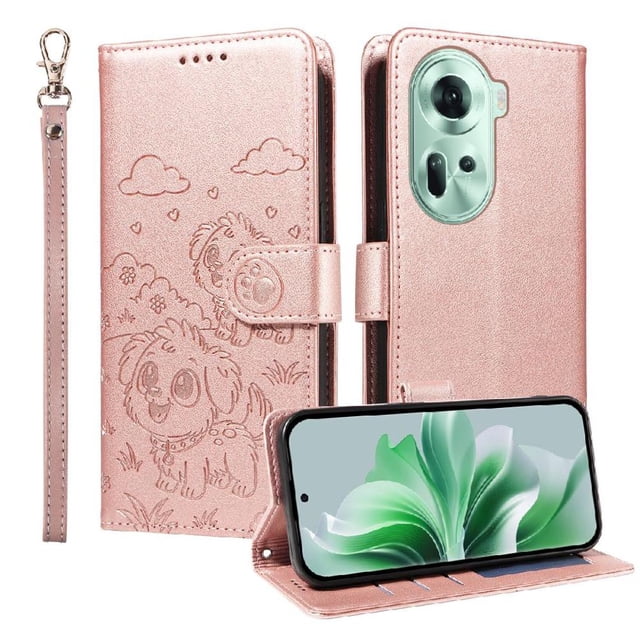 Funda Cartera GANGXUN con Diseño de Perrito en Relieve para OPPO Reno 11 5G , Protección 360° con Ranuras y Correa Desmontable