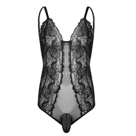 vastwit Mens Sheer Lace One Piece Sleeveless Bodysuit Thong Pouch Leotard Nightwear Black Medium