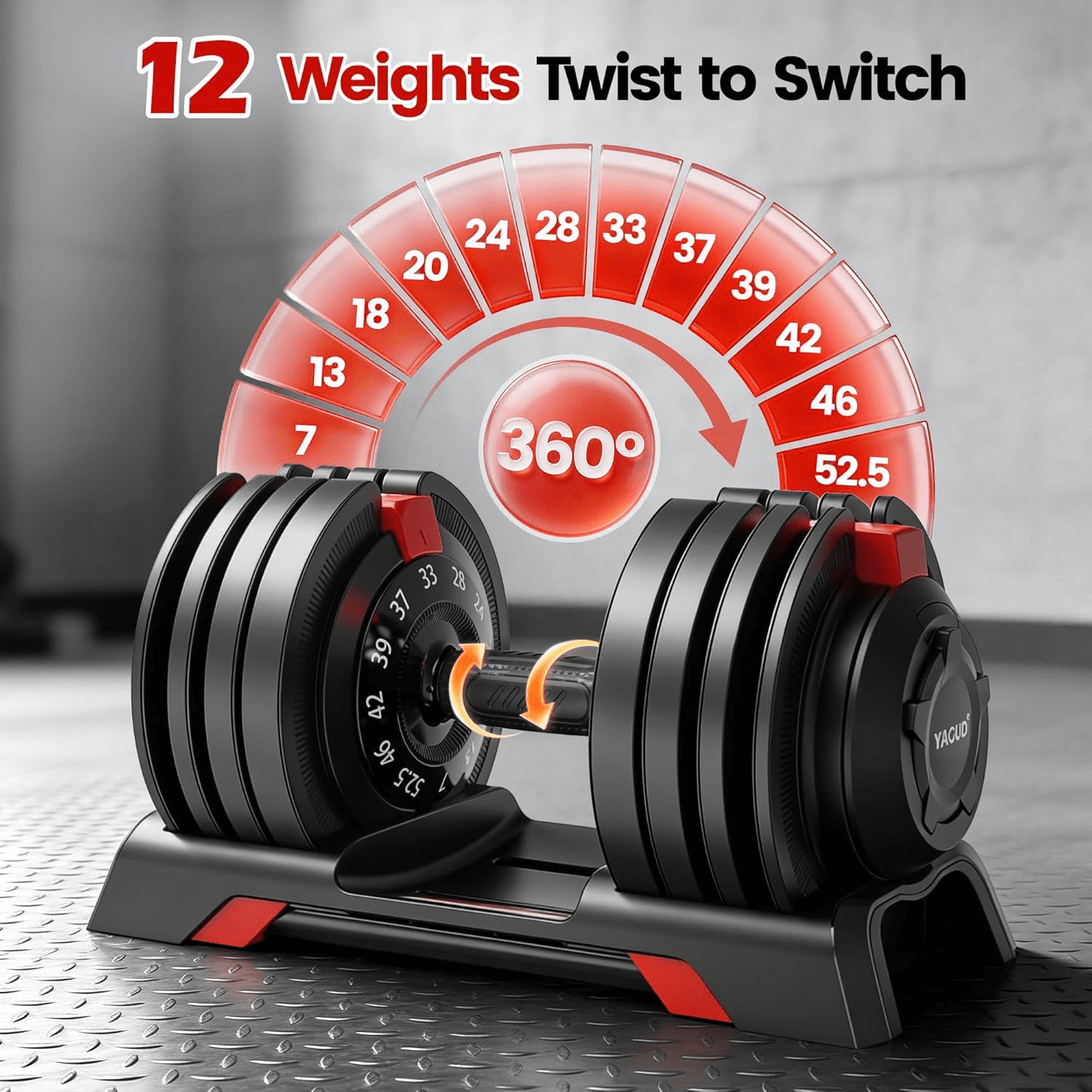 YAGUD 12-in-1 Adjustable Dumbbell Set, 7-52.5 LBS Quick-Adjust Dumbbells with Auto Safety Lock, Space-Saving Home Gym Weights for Full-Body Workout