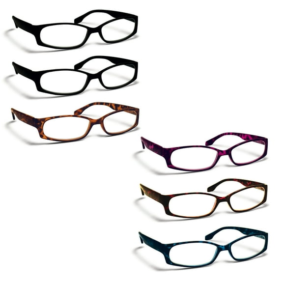 6 Pack Reading Glasses by BOOST EYEWEAR, Modern Fashion Frames for Women and Men (Solid Black, and Blue, Red, Purple, Natural Tortoise Shell Patterns), Spring Loaded Hinges, Assorted, 6 Pairs ( 1.00)