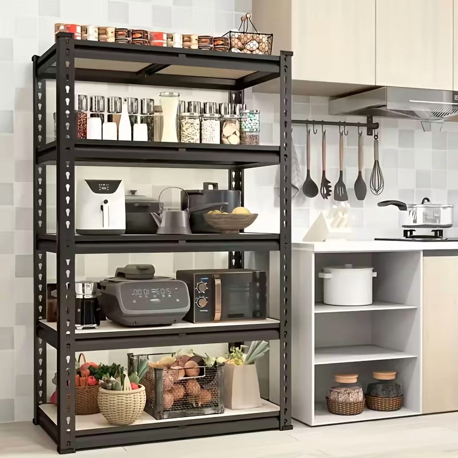 72"H Heavy Duty 5-Tier Metal Shelving Unit, Black, 2000 lbs Capacity – Adjustable Garage Storage Rack for Basement, Pantry & Closet